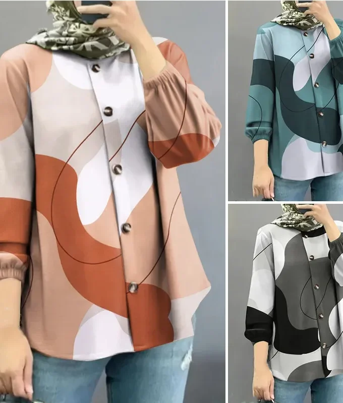 MiraMuze Printed Blouse Button Shirt Muslim Women