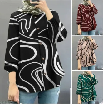 MiraMuze Button Shirt Printing Women Muslim