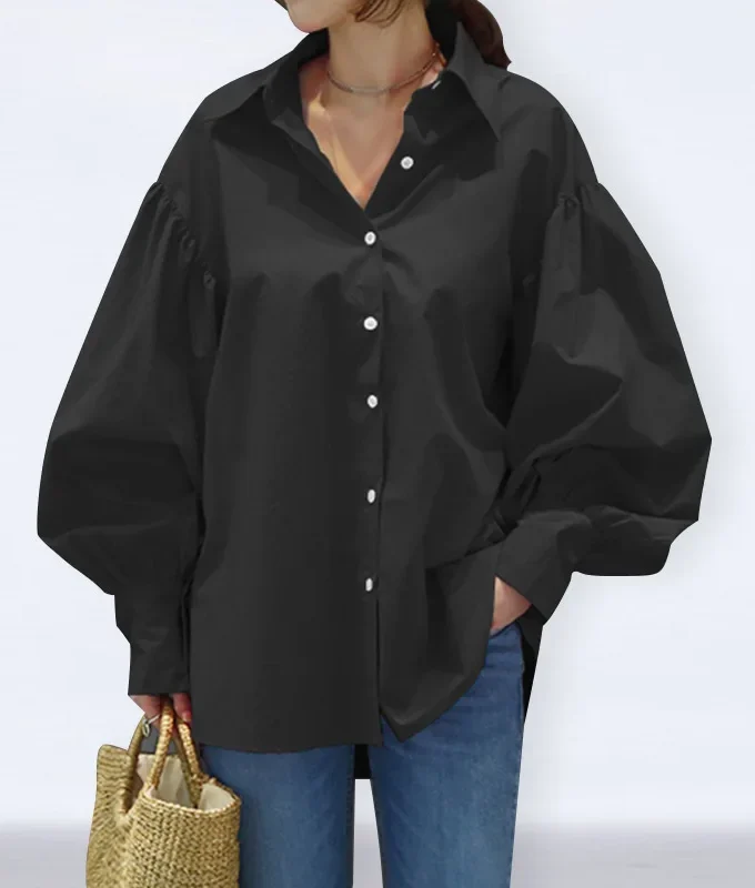 MiraMuze Muslim Women Top Blouse Single Breasted Turn Down Collar Lantern Sleeve Solid Color Tops Dubai Casual Shirt