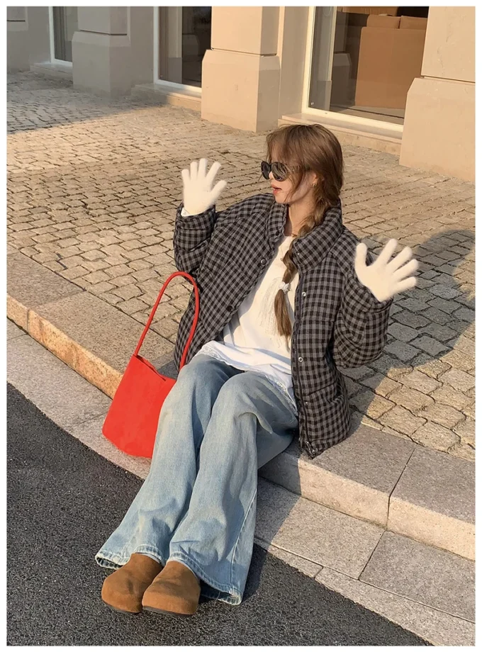 MiraMuze Short Plaid Parkas Women Streetwear Stand Collar Puffer Jacket Winter Korean Down Coats Fashion Cotton Padded Outerwears