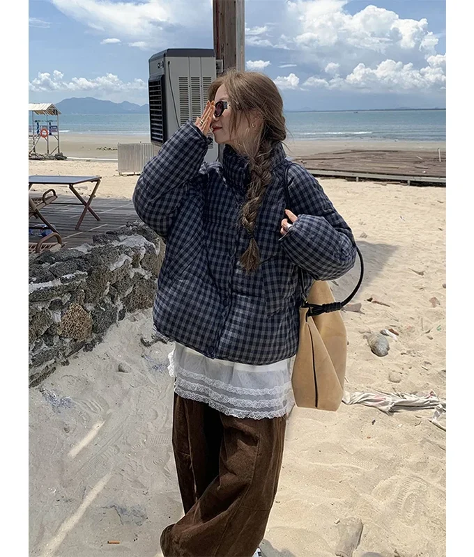 MiraMuze Short Plaid Parkas Women Streetwear Stand Collar Puffer Jacket Winter Korean Down Coats Fashion Cotton Padded Outerwears