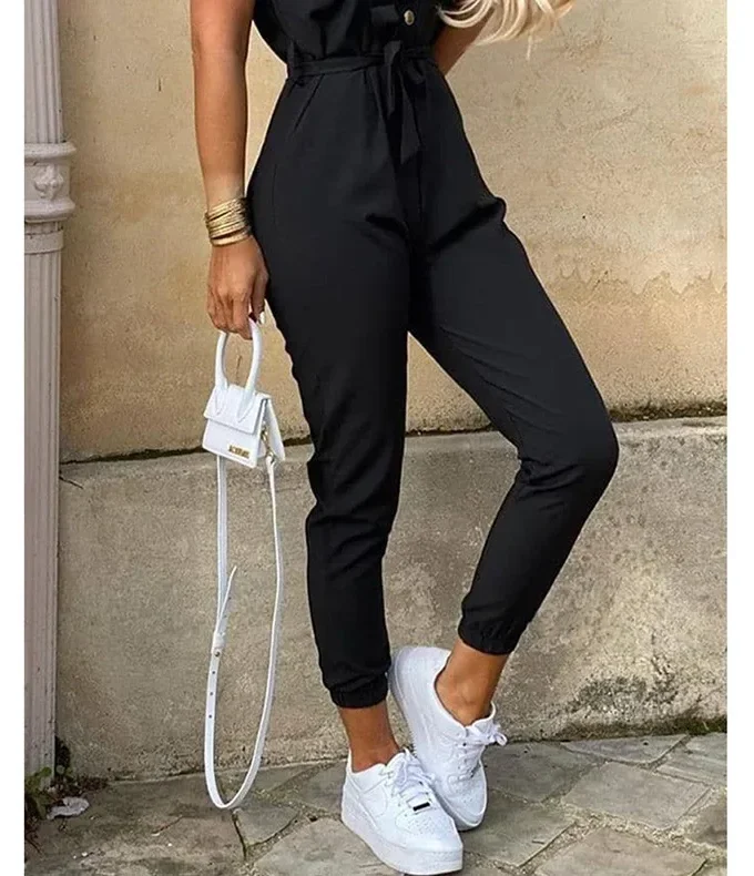 MiraMuze Summer Women's New Fashion Flip Collar Button Print Belt Lace Up Work Dress Casual Capris Jumpsuit Office