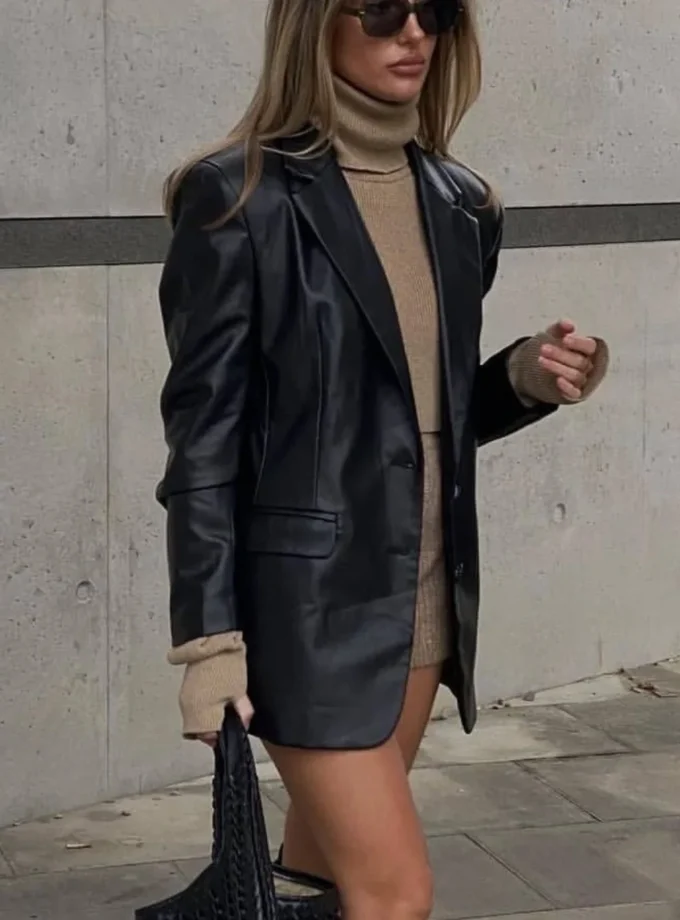 MiraMuze Autumn And Winter Street Black Women's Clothing Solid Color Suit Collar Fake Pocket Fashion Casual Women's Leather Jacket