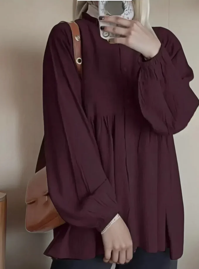 MiraMuze Muslim Shirt Women Top Round Collar Ruffles Overshirt Single Breasted Lantern Sleeve Autumn Dubai Modest Tops