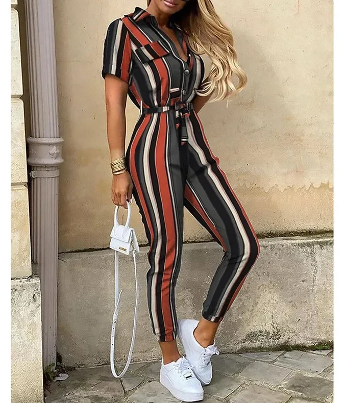 MiraMuze Summer Women's New Fashion Flip Collar Button Print Belt Lace Up Work Dress Casual Capris Jumpsuit Office