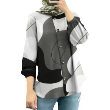 MiraMuze Printed Blouse Button Shirt Muslim Women