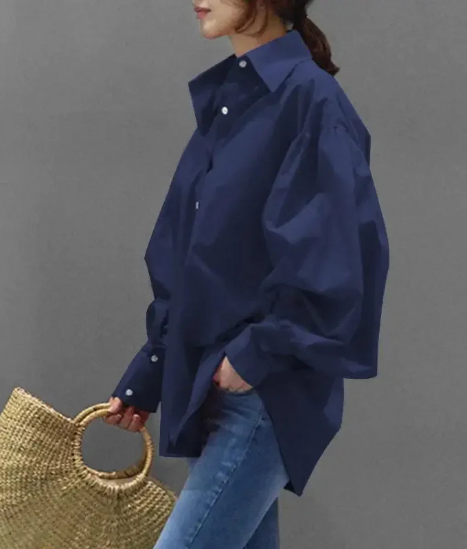 MiraMuze Muslim Women Top Blouse Single Breasted Turn Down Collar Lantern Sleeve Solid Color Tops Dubai Casual Shirt