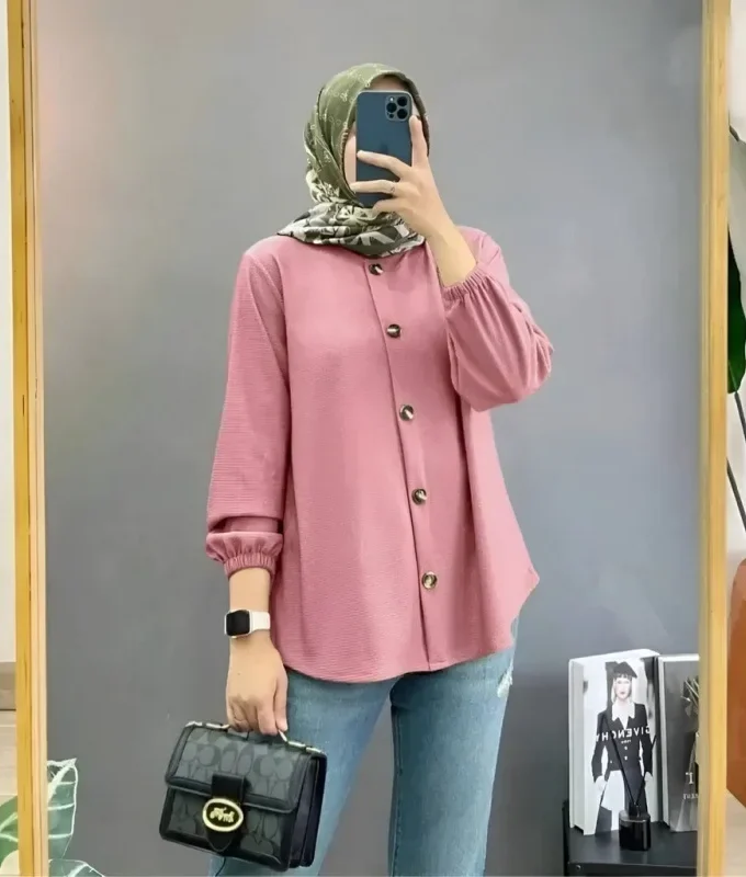 MiraMuze Women Muslim Tops Full Length Stand Collar Blouses Single Breasted Button Solid Cardigan Loose Casual Drape Dubai