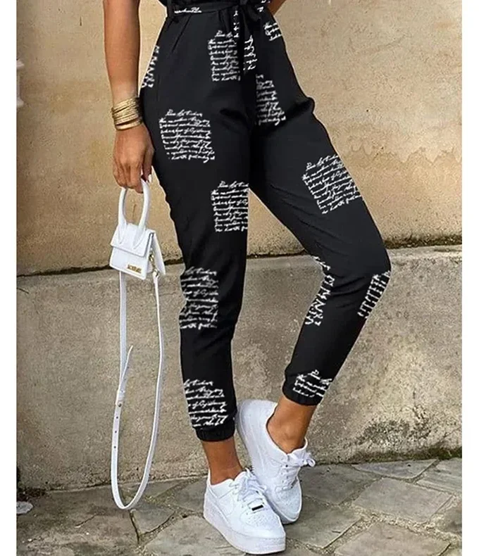 MiraMuze Summer Women's New Fashion Flip Collar Button Print Belt Lace Up Work Dress Casual Capris Jumpsuit Office