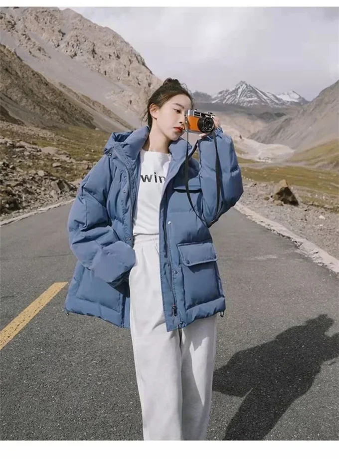 MiraMuze 2025 New Women's Loose Plus Thick Winter Hooded Flannel Coat Versatile Solid Color Down Jacket Winter Foggy Blue Women's Coat