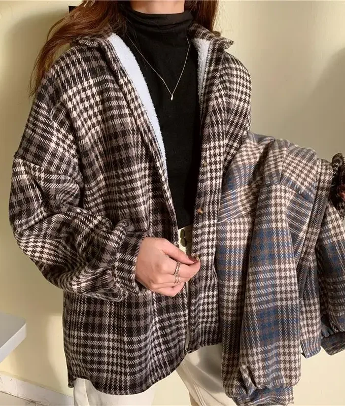 MiraMuze Velvet Thick Warm Women's Plaid Shirt Female Stripe Long Sleeve Tops Winter Fleece Casual Check Blouse Autumn