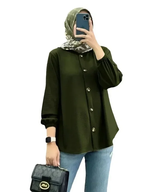 MiraMuze Women Muslim Tops Full Length Stand Collar Blouses Single Breasted Button Solid Cardigan Loose Casual Drape Dubai