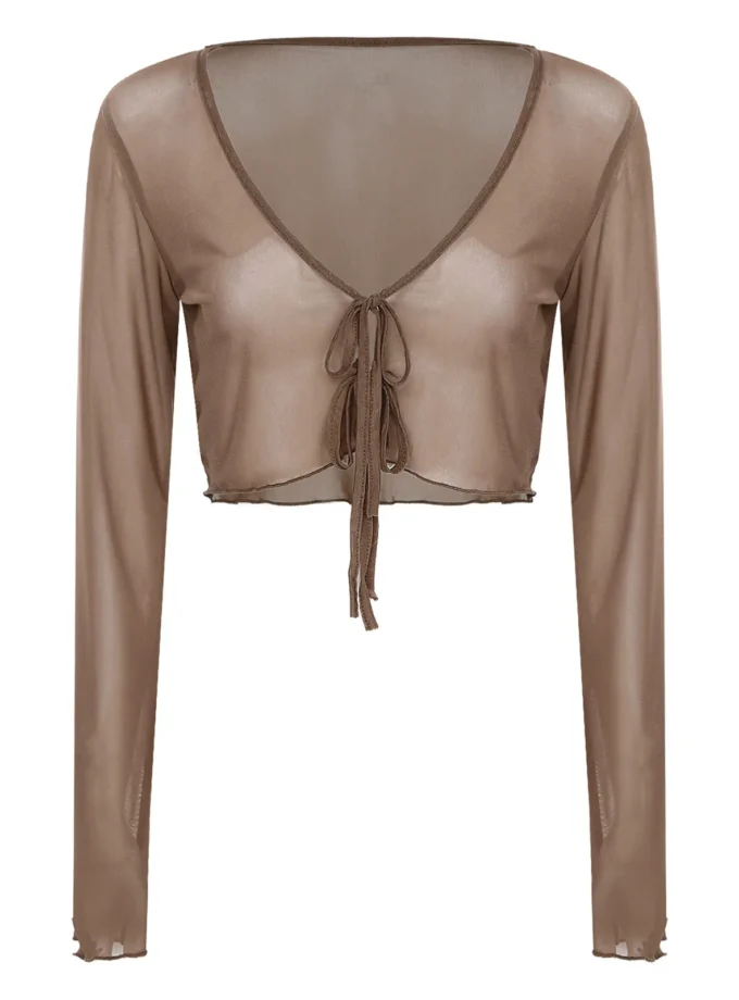 MiraMuze Semi-Sheer Shawl Long Sleeves Adult Women Clothing Cardigan Front Tie-up Short Small Thin Shawl