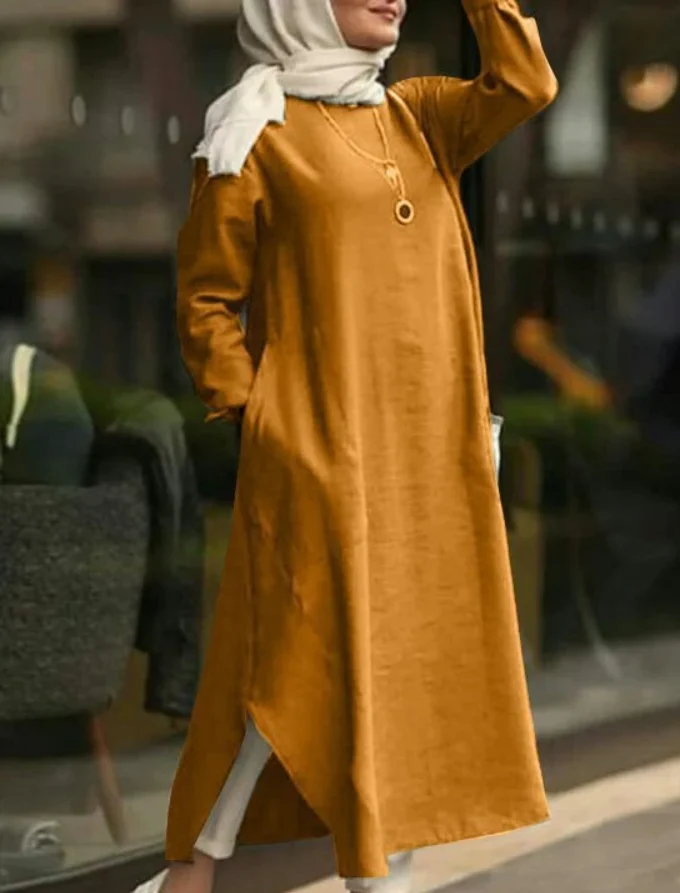 MiraMuze Muslim Women's Long Top Dress Abaya Split Midi Dress Full Sleeve Female Solid Pockets Robe