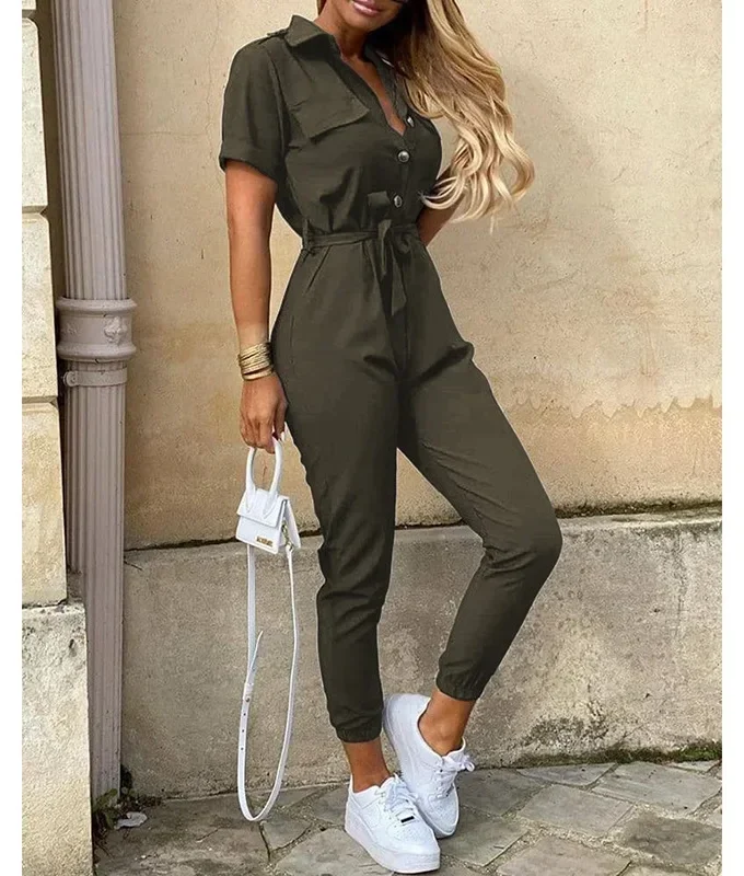 MiraMuze Summer Women's New Fashion Flip Collar Button Print Belt Lace Up Work Dress Casual Capris Jumpsuit Office