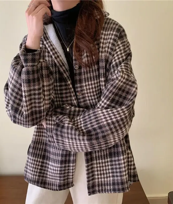 MiraMuze Velvet Thick Warm Women's Plaid Shirt Female Stripe Long Sleeve Tops Winter Fleece Casual Check Blouse Autumn