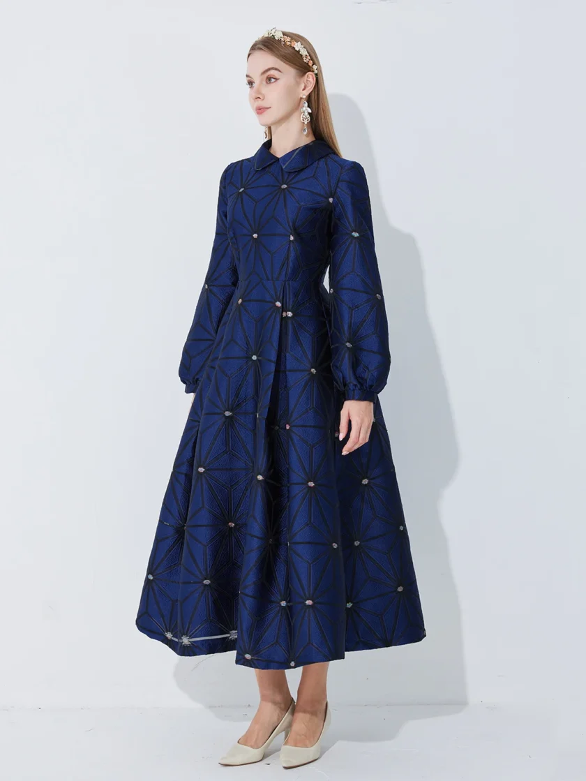 MiraMuze Fall Winter Turned Collar Lined Sleeve A-Line Silhouette Geometric Heavyweight Jacquard Elegant and Graceful Long Dress - Image 4