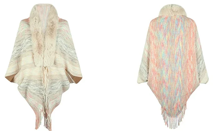 MiraMuze Fashion Elegant Jacket Coat Autumn/Winter Rainbow Stripe Tassel Shawl