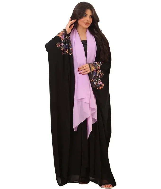 MiraMuze Islamic Clothing Women Abaya Muslim Dresses Embroidered Flower Sleeve Chiffon Kaftan Dresses Women Cardigan
