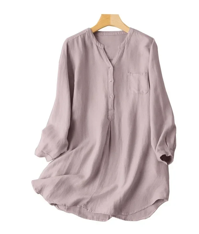 MiraMuze Women Muslim Tops Dubai V Neck Blouses Pullover Kaftan Arab Solid Casual Pockets Button Slight Strech Loose