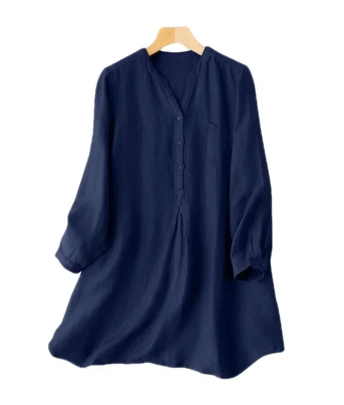 MiraMuze Women Muslim Tops Dubai V Neck Blouses Pullover Kaftan Arab Solid Casual Pockets Button Slight Strech Loose