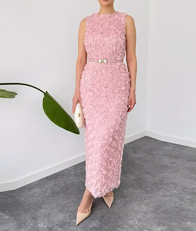 MiraMuze Fashion Temperament Long Dress Three-Dimensional Flower Solid Slim A-Line Dress 2025 Elegant Lady O-Neck Sleeveless Party Dress