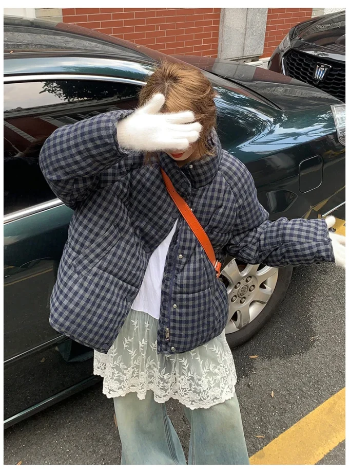 MiraMuze Short Plaid Parkas Women Streetwear Stand Collar Puffer Jacket Winter Korean Down Coats Fashion Cotton Padded Outerwears