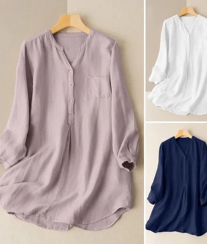MiraMuze Women Muslim Tops Dubai V Neck Blouses Pullover Kaftan Arab Solid Casual Pockets Button Slight Strech Loose