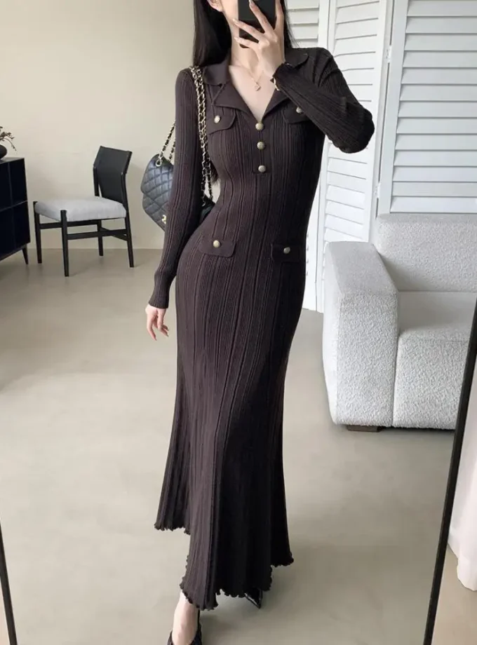 MiraMuze Women Brown Elegant Long Sleeved Lapel Dresses Autumn Winter Temperment Slim Festival Fishtail Knitted Dress 2025 Simple
