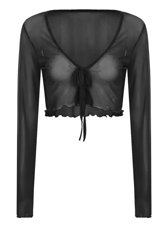 MiraMuze Semi-Sheer Shawl Long Sleeves Adult Women Clothing Cardigan Front Tie-up Short Small Thin Shawl