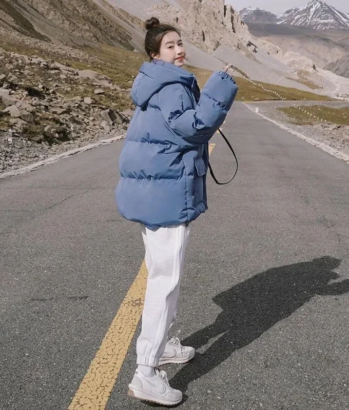 MiraMuze 2025 New Women's Loose Plus Thick Winter Hooded Flannel Coat Versatile Solid Color Down Jacket Winter Foggy Blue Women's Coat