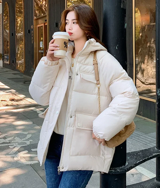 MiraMuze Women Parkas Thick Warm Coats Loose Hooded Zipper Jackets Splice Single Breasted Pockets Coat Autumn Winter Streetwear
