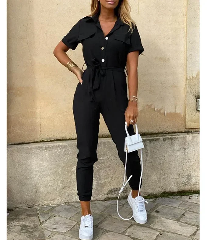 MiraMuze Summer Women's New Fashion Flip Collar Button Print Belt Lace Up Work Dress Casual Capris Jumpsuit Office