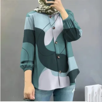 MiraMuze Printed Blouse Button Shirt Muslim Women