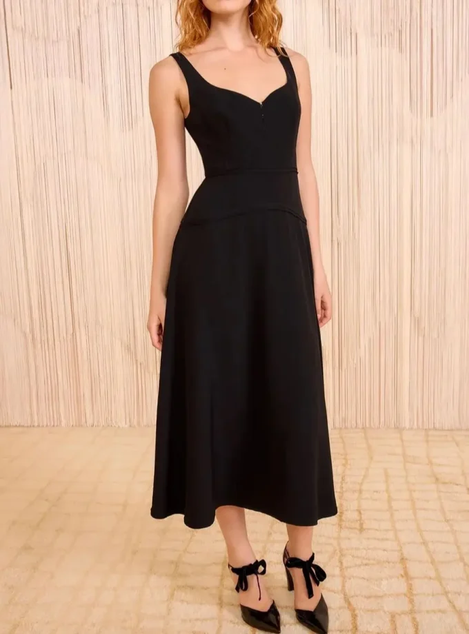 MiraMuze Women’s Black Vest Dress V-Neck Sleeveless High Waist Elegant Ladies Midi Robe