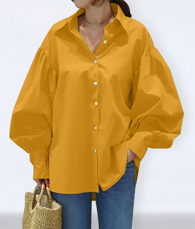 MiraMuze Muslim Women Top Blouse Single Breasted Turn Down Collar Lantern Sleeve Solid Color Tops Dubai Casual Shirt