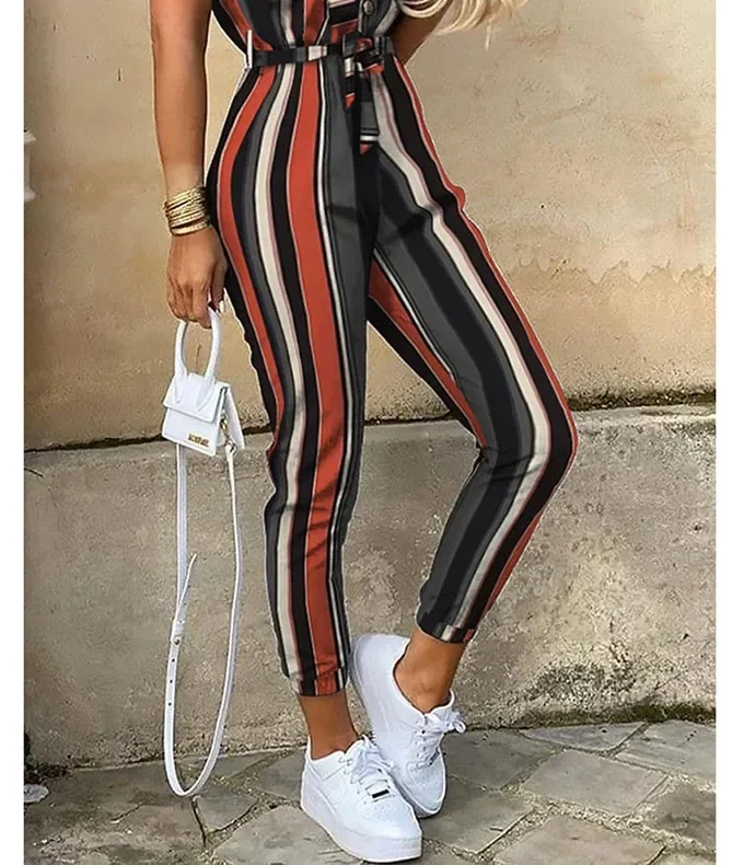 MiraMuze Summer Women's New Fashion Flip Collar Button Print Belt Lace Up Work Dress Casual Capris Jumpsuit Office