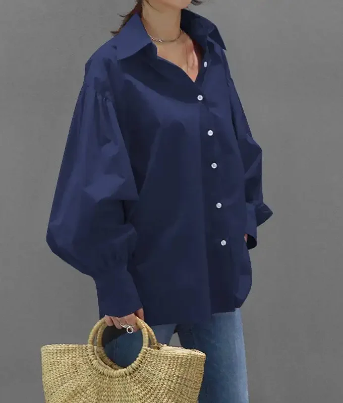 MiraMuze Muslim Women Top Blouse Single Breasted Turn Down Collar Lantern Sleeve Solid Color Tops Dubai Casual Shirt