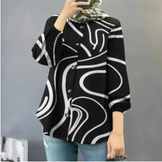 MiraMuze Button Shirt Printing Women Muslim
