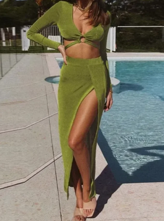 MiraMuze Sexy 2-Piece Sets for Women 2025 Dress V-Neck Long Sleeved Circular Decor Short Top High Waist Slit Tight Sexy Skirt Set