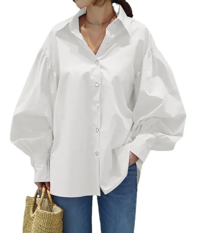 MiraMuze Muslim Women Top Blouse Single Breasted Turn Down Collar Lantern Sleeve Solid Color Tops Dubai Casual Shirt