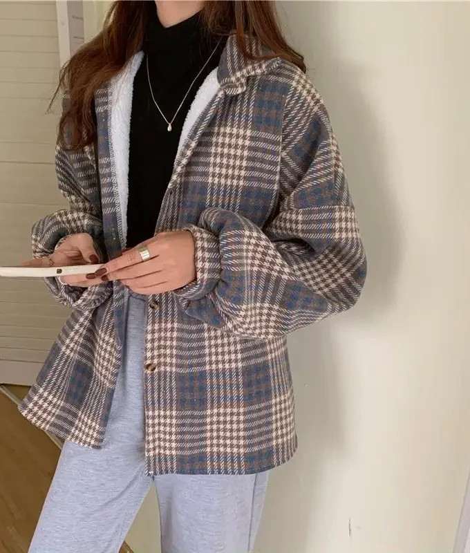 MiraMuze Velvet Thick Warm Women's Plaid Shirt Female Stripe Long Sleeve Tops Winter Fleece Casual Check Blouse Autumn