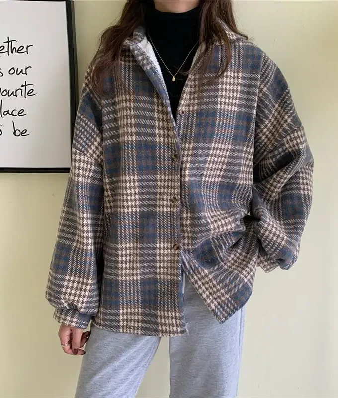 MiraMuze Velvet Thick Warm Women's Plaid Shirt Female Stripe Long Sleeve Tops Winter Fleece Casual Check Blouse Autumn