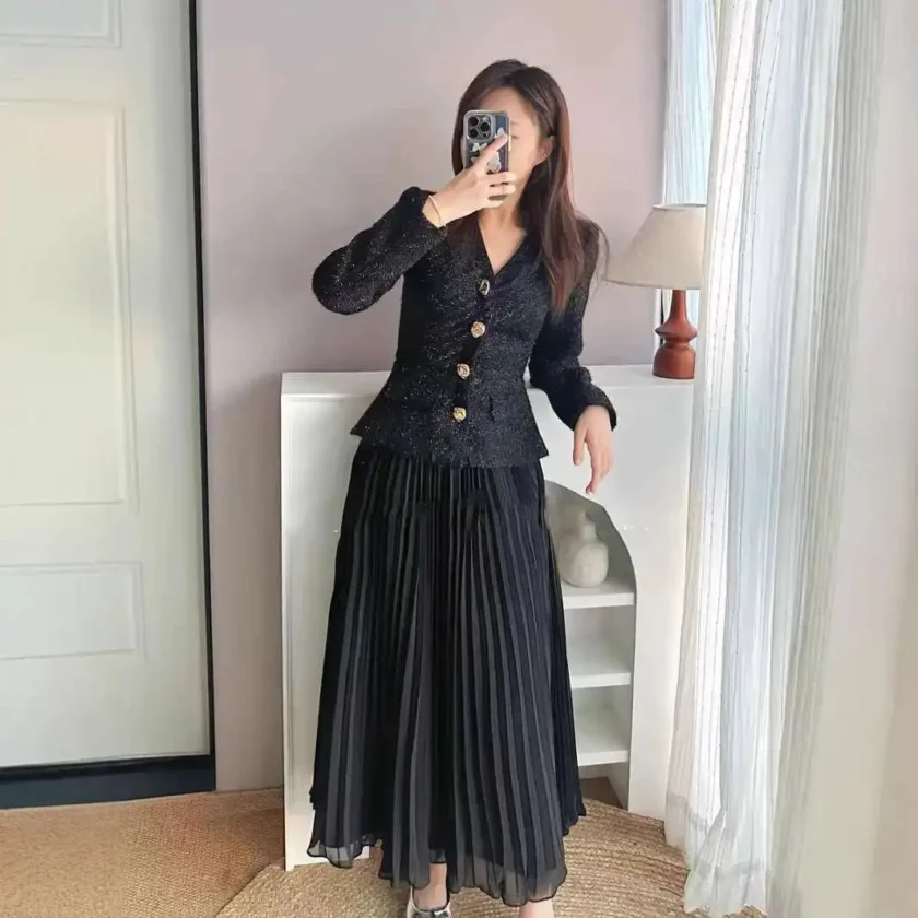 MiraMuze Luxury Autumn Winter Crystal Knitted Tweed Chiffon Midi Dress for Women Long Sleeve Black V-Neck Pleated Evening Party Vestidos - Image 2