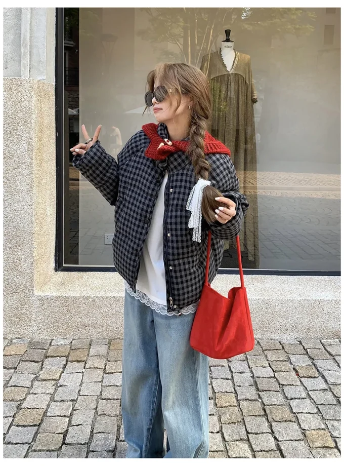 MiraMuze Short Plaid Parkas Women Streetwear Stand Collar Puffer Jacket Winter Korean Down Coats Fashion Cotton Padded Outerwears