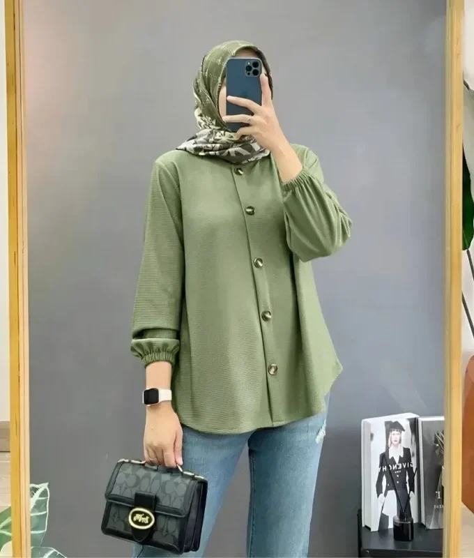 MiraMuze Women Muslim Tops Full Length Stand Collar Blouses Single Breasted Button Solid Cardigan Loose Casual Drape Dubai
