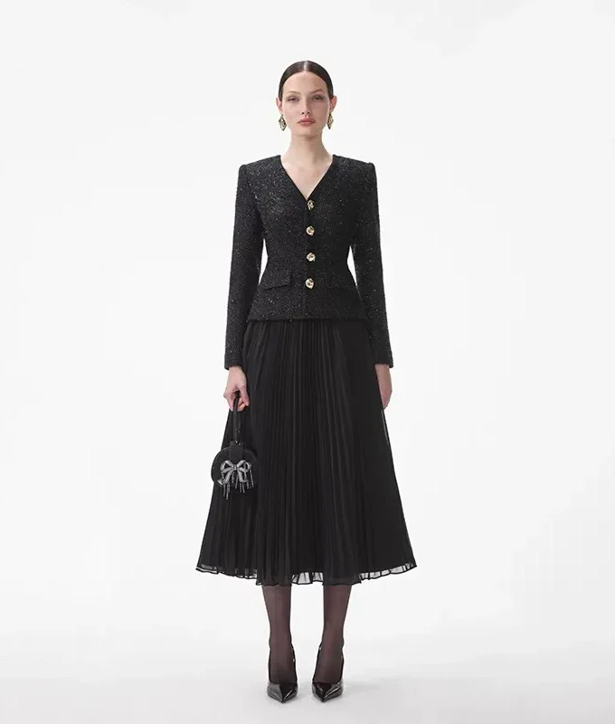 MiraMuze Luxury Autumn Winter Crystal Knitted Tweed Chiffon Midi Dress for Women Long Sleeve Black V-Neck Pleated Evening Party Vestidos