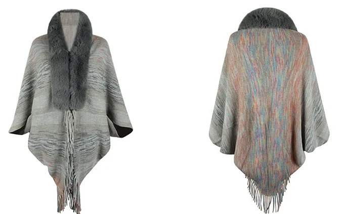 MiraMuze Fashion Elegant Jacket Coat Autumn/Winter Rainbow Stripe Tassel Shawl