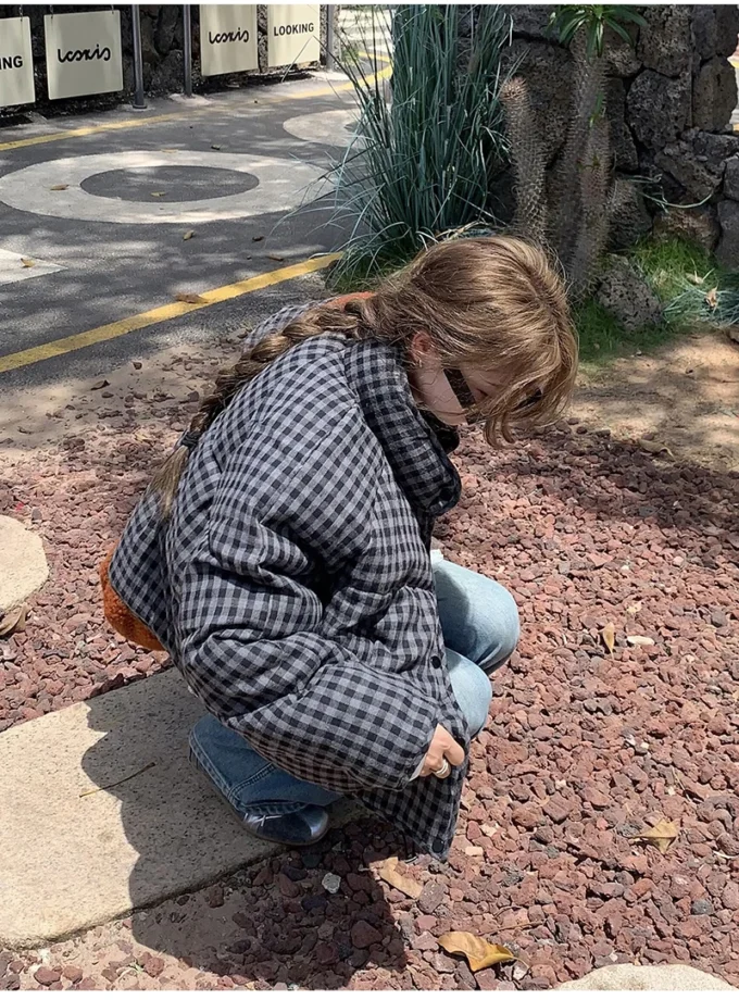 MiraMuze Short Plaid Parkas Women Streetwear Stand Collar Puffer Jacket Winter Korean Down Coats Fashion Cotton Padded Outerwears