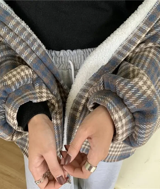 MiraMuze Velvet Thick Warm Women's Plaid Shirt Female Stripe Long Sleeve Tops Winter Fleece Casual Check Blouse Autumn